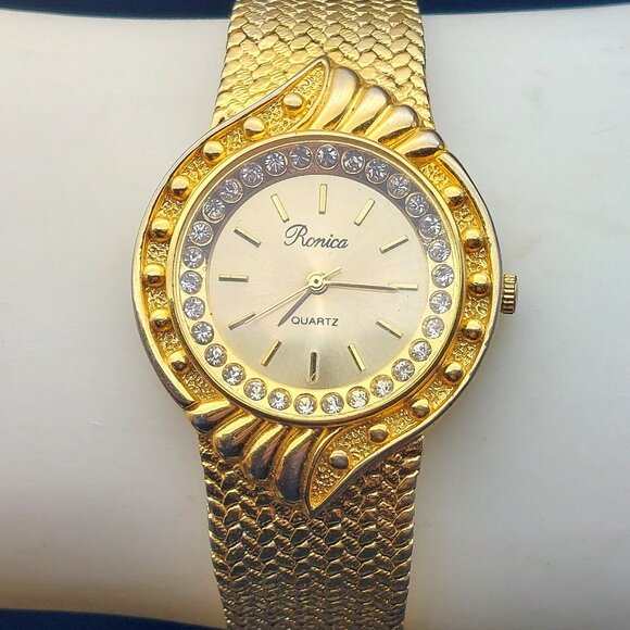 Vintage Ronica Quartz Womens Gold Toned Watch With Rhinestones & Mesh Band - Picture 1 of 10